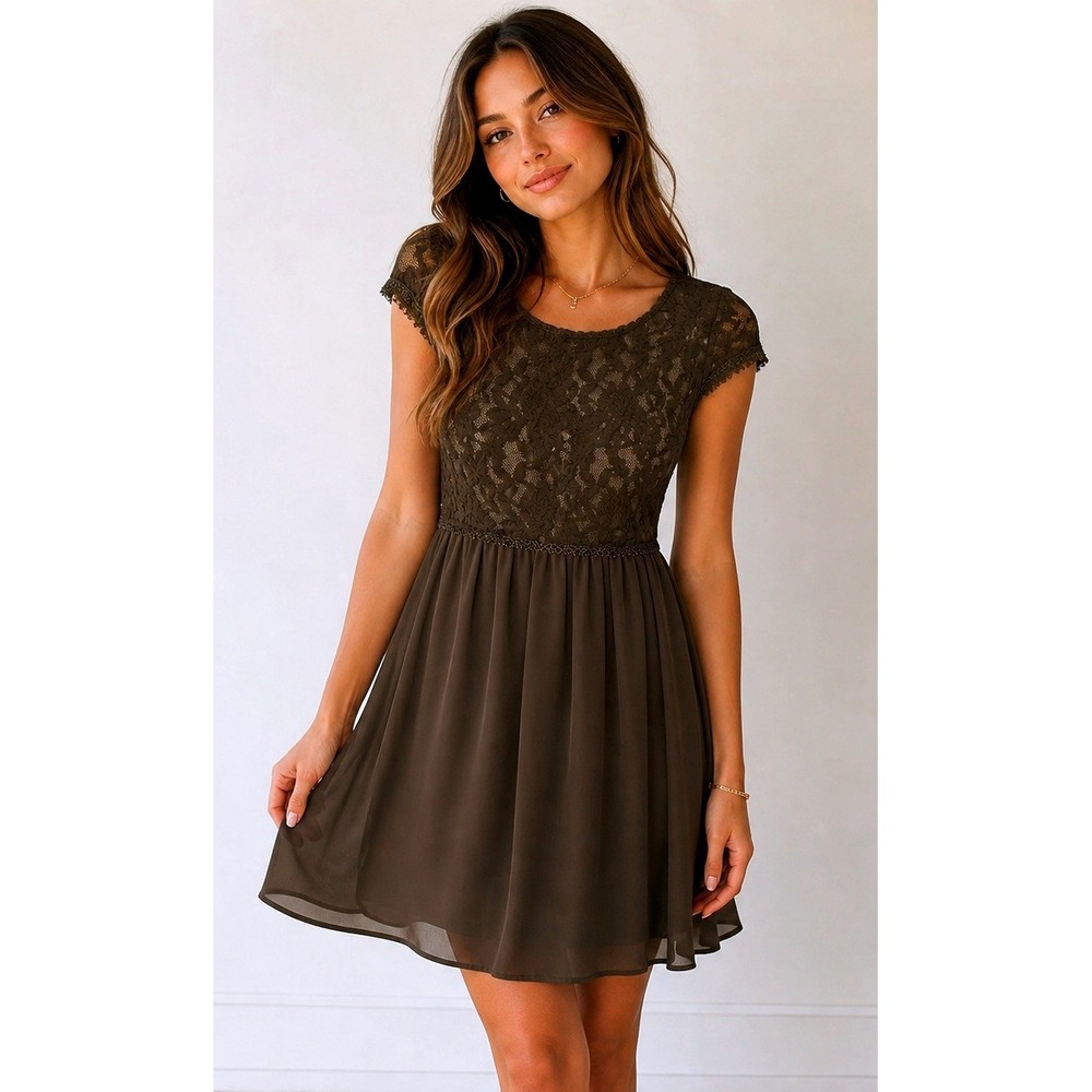 Angel Eye Mini Fit & Flare Dress Womens Medium Olive Lace‎ Party Fairy Grunge
